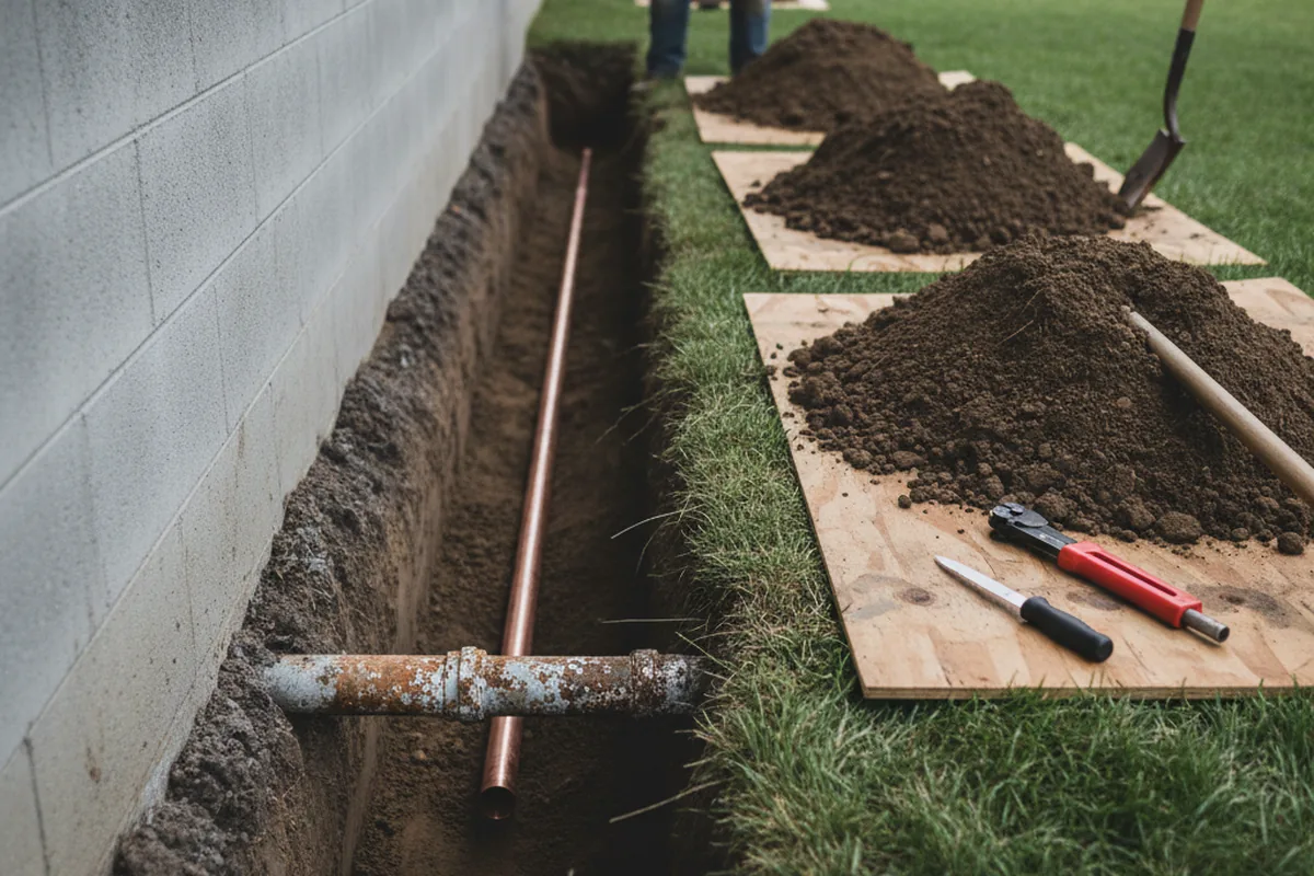Excavated water line trench during Sewer Line Repair in Godley